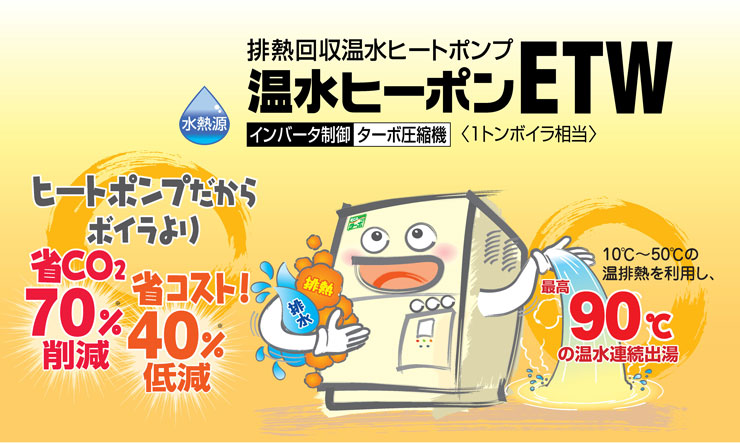 排熱回収温水ヒートポンプ 温水ヒーポンETW インバータ制御・ターボ圧縮機 1トンボイラ相当 ヒートポンプだからボイラより 省CO2 70%削減、省コスト 40%低減 10℃から50℃の温排熱を利用して90℃の温水連続出湯