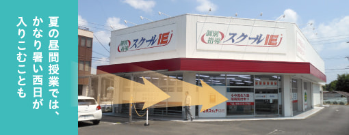 夏の昼間授業では、かなり暑い西日が入りこむことも。