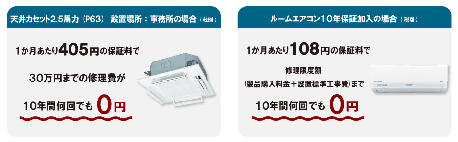天井カセット2.5馬力 設置場所：事務所の場合(税別) 1ヶ月あたり405円の保証料で30万円までの修理費が10年間何回でも0円　ルームエアコン10年保証加入の場合(税別) 1ヶ月あたり108円の保証料で修理限度額（製品購入料金+設置標準工事費）まで10年間何回でも0円