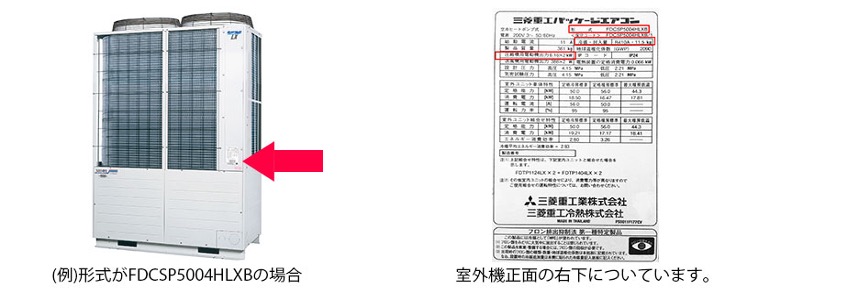 FDCSP5004HLXBの場合、室外機正面の右下についています